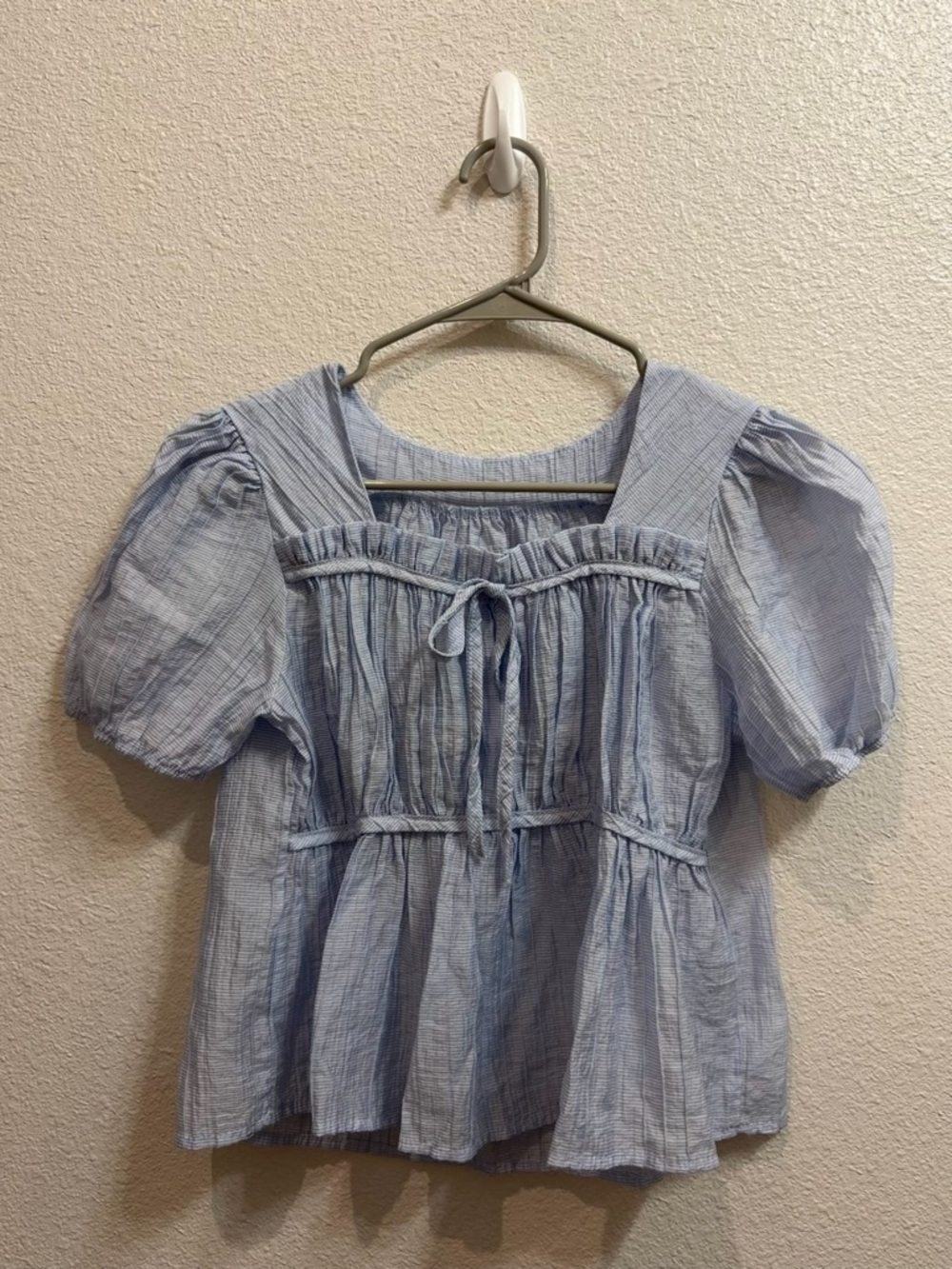 Light Blue Puff-Sleeve Babydoll Top with Tie Front